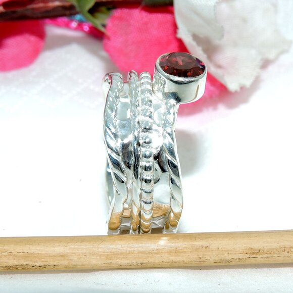 Faceted Red Garnet Silver Ring, 925 Sterling Silver Ring, Handmade, Ring Size:-8 - Picture 2 of 3